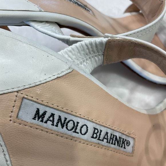 Manolo Blahnik Heeled Sandals, Ankle Strap with Buckle, White Leather, Size 8/39 - Picture 7 of 13